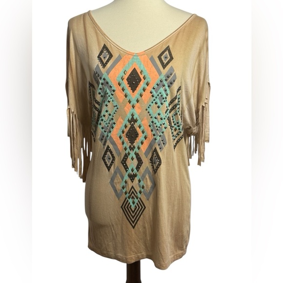 Vocal Tan BOHO Western Fringe Geometric Embellished Short Sleeve Blouse Size XL - Picture 1 of 15